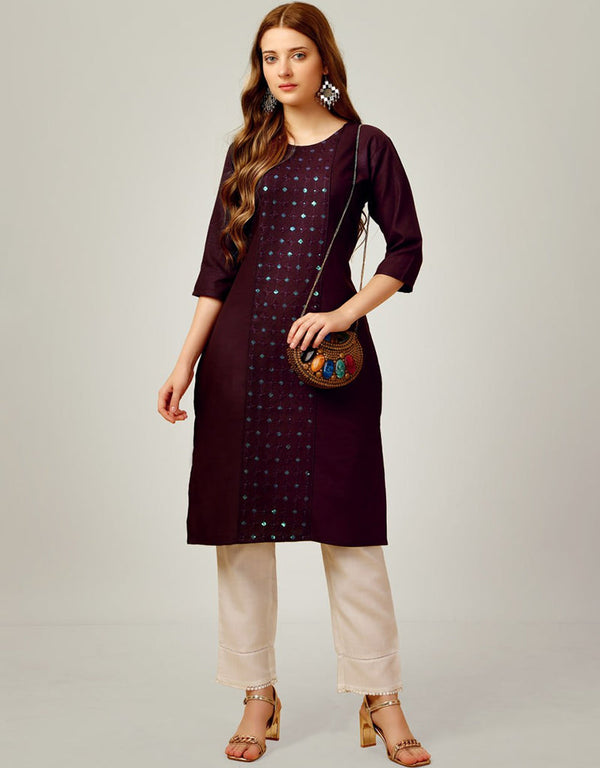 Traditional Function Wear Readymade Cotton Blend Kurti With Pent Collection Dark Purple Cotton Blend Pant Straight Front View